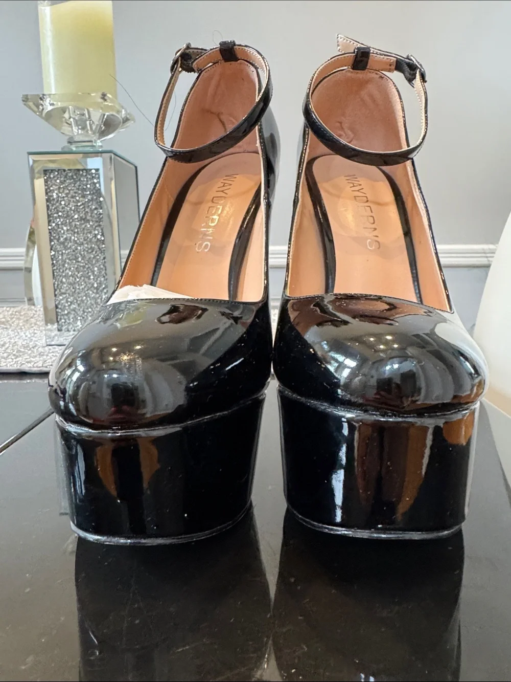 Black Patent Platform Ankle-Strap Pumps by VAYDERNS